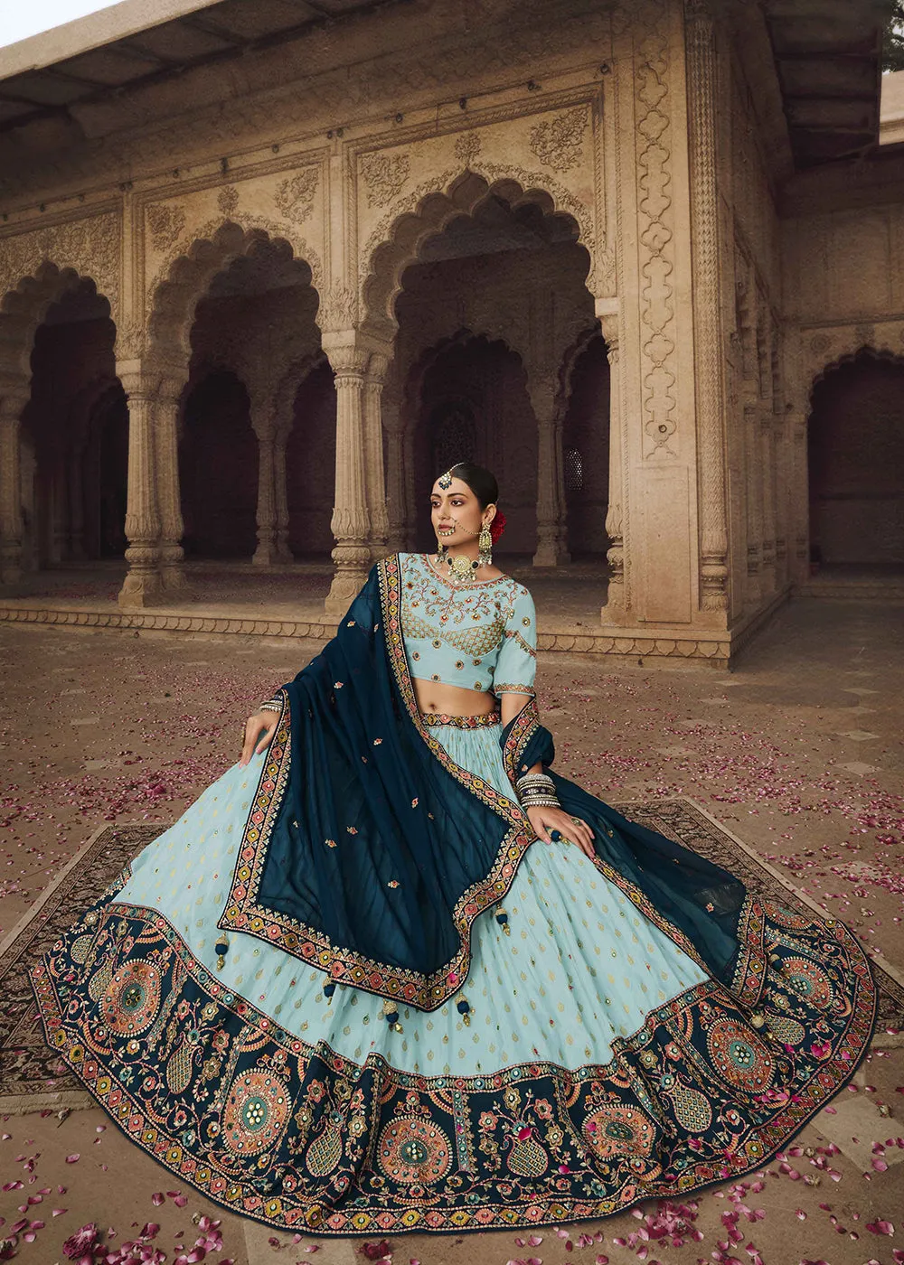 Heavy Viscose Turquoise Embroidered Bridal Lehenga Choli