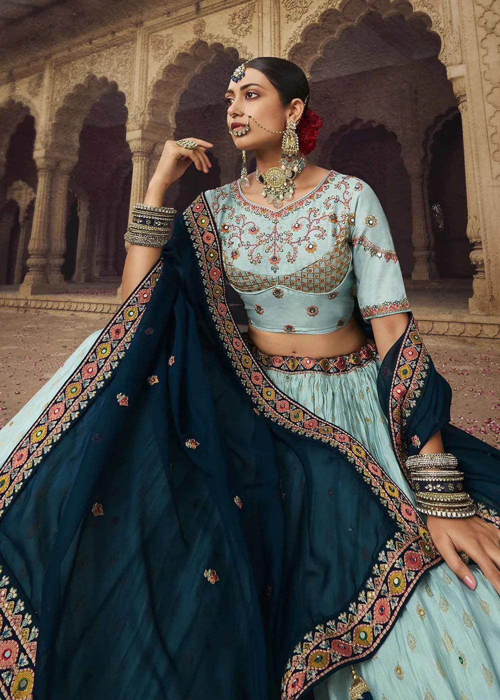 Heavy Viscose Turquoise Embroidered Bridal Lehenga Choli