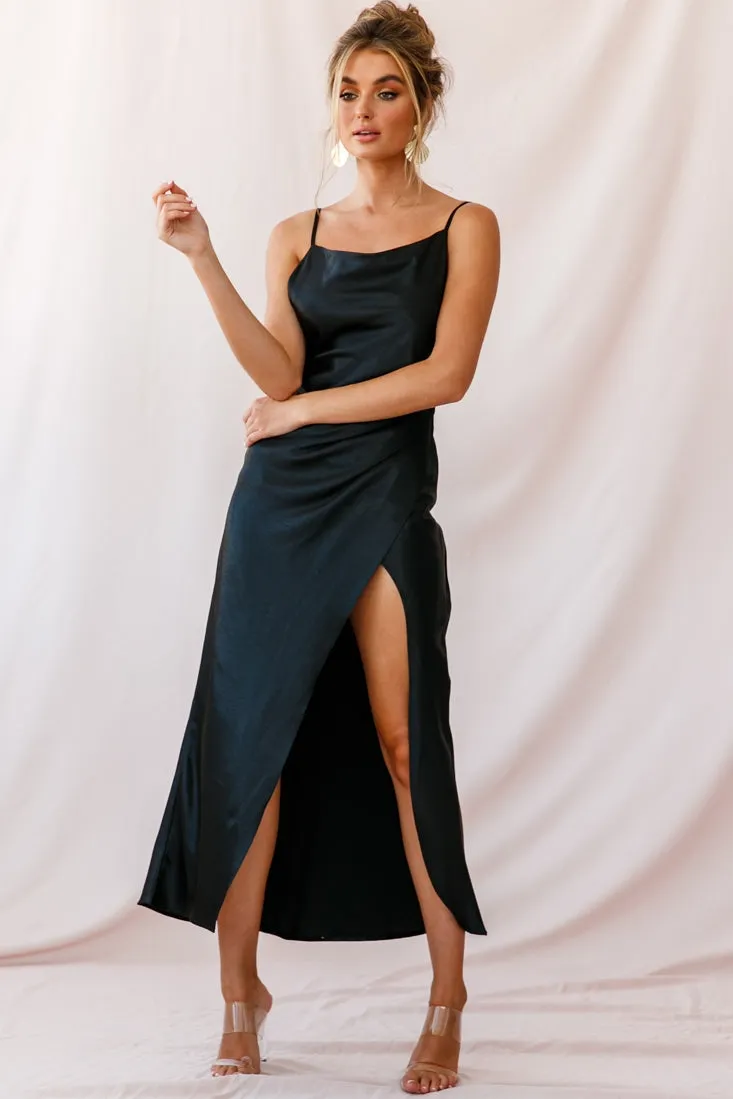 Hey Girl Long Satin Cowl Neck Dress Black