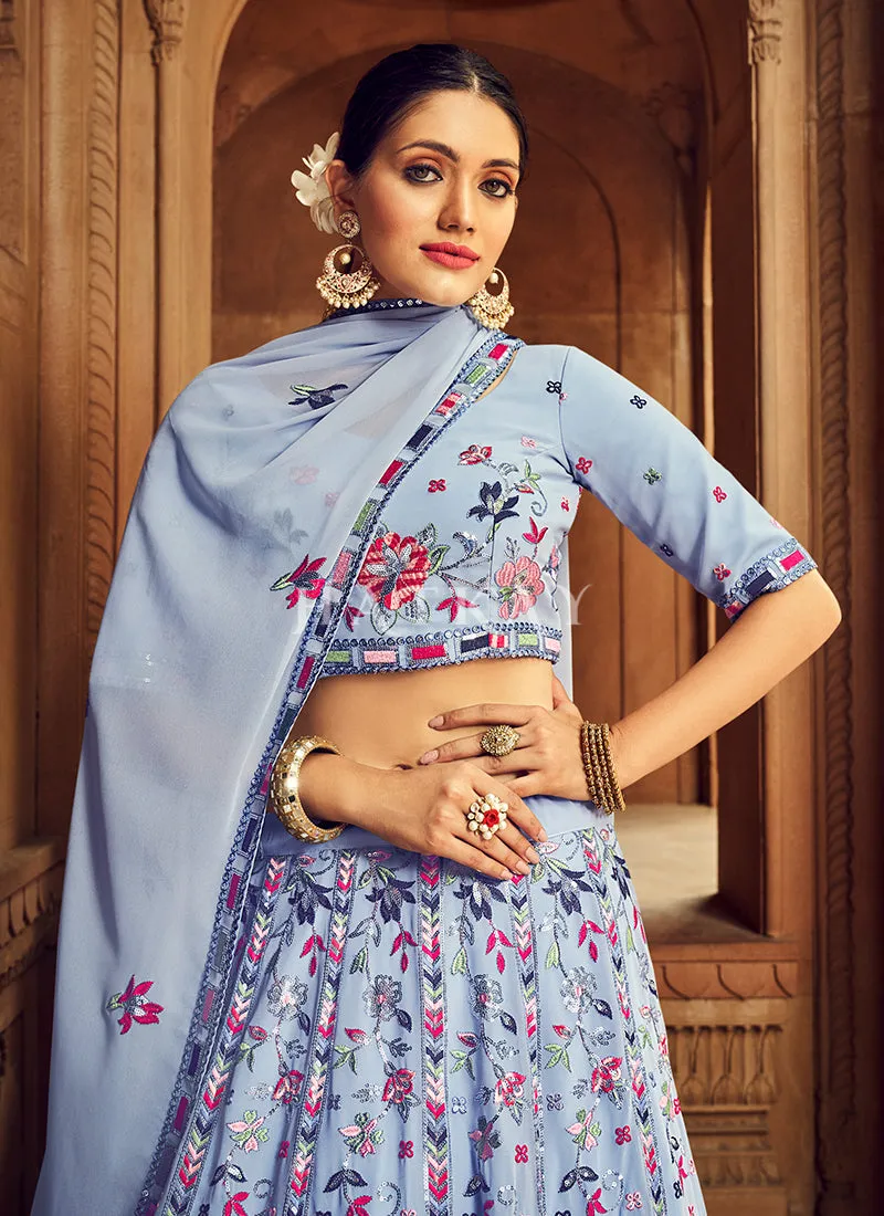 Ice Blue Floral Embroidered Traditional Lehenga Choli