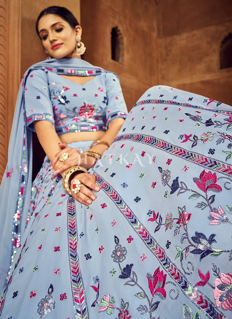 Ice Blue Floral Embroidered Traditional Lehenga Choli