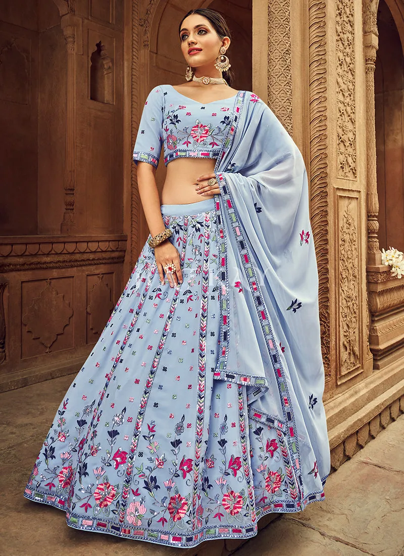 Ice Blue Floral Embroidered Traditional Lehenga Choli