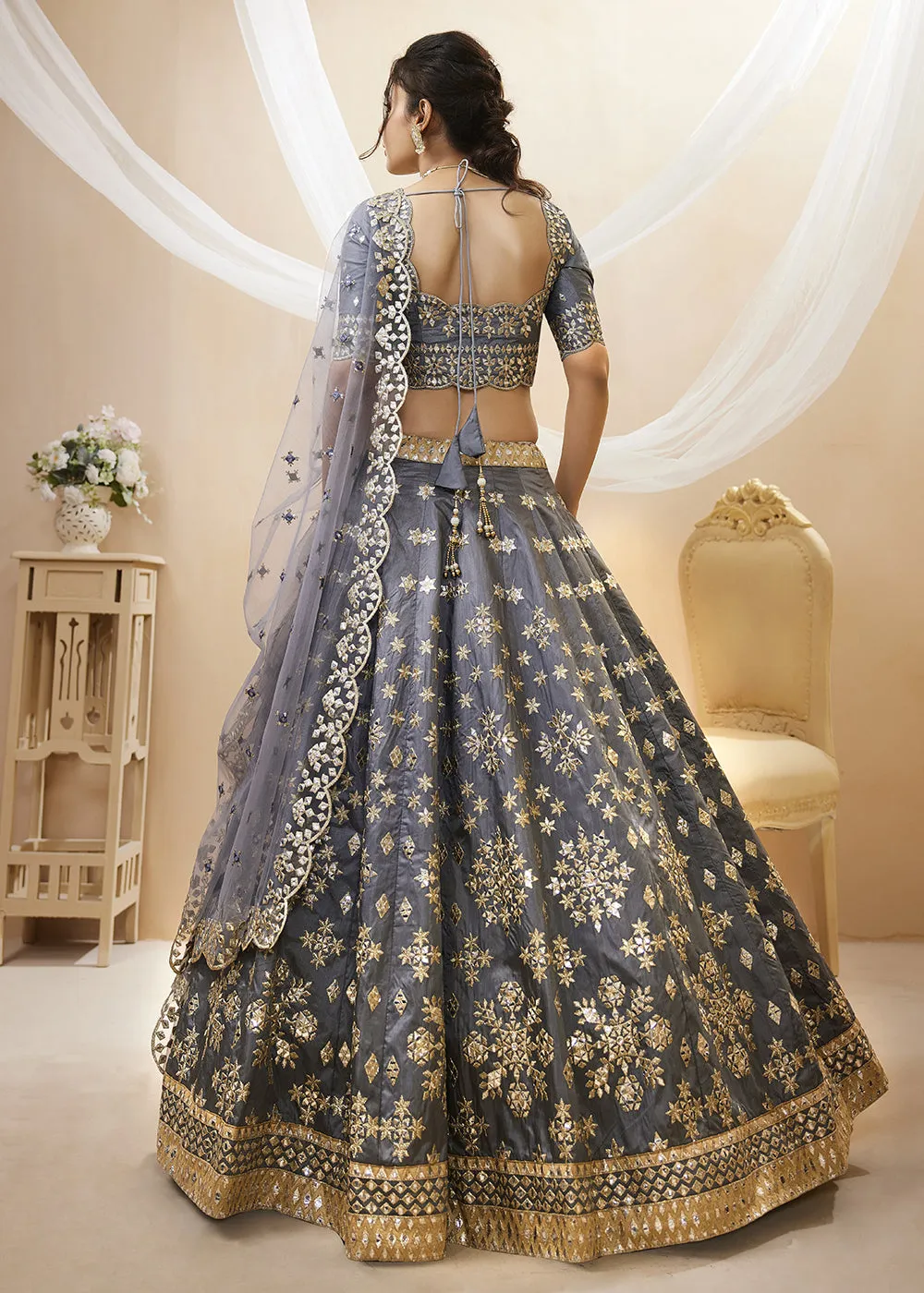 Irresistible Grey Art Silk Embroidered Reception Wear Lehenga Choli