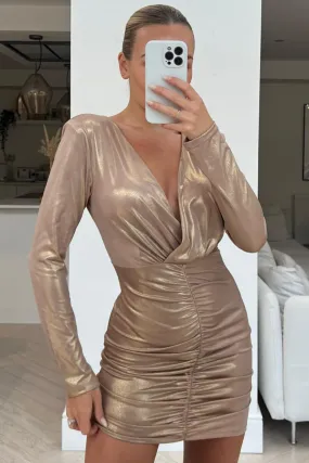 Izzy gold metalic bold shoulder long sleeved dress