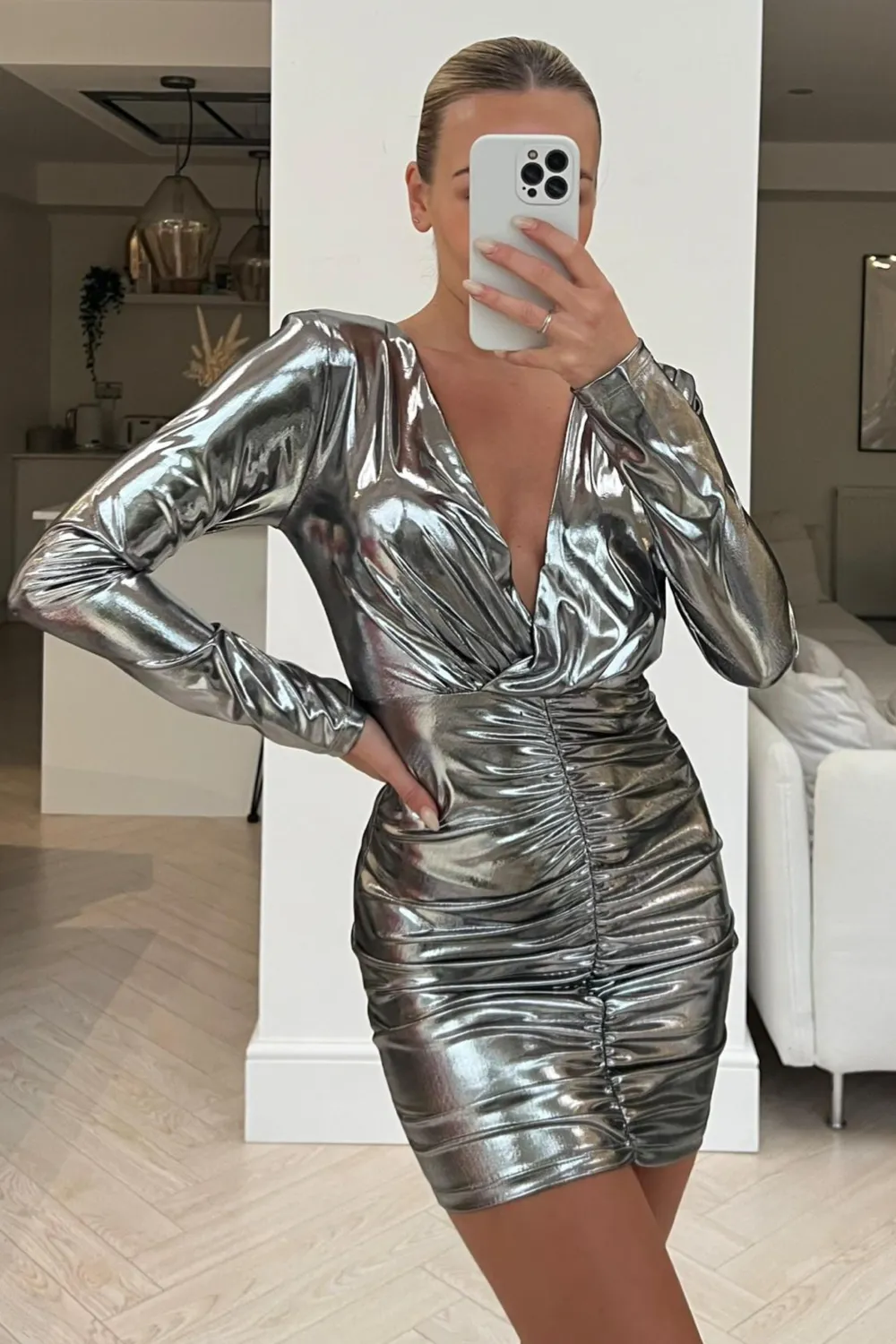 Izzy Silver metalic bold shoulder long sleeved dress