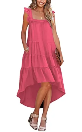 KIRUNDO Women 2023 Summer Sleeveless Ruffle High Low Square Neck Midi Dress Loose Fit Pleated Flowy Holiday Beach Sun Dress(Rose Red, Small)