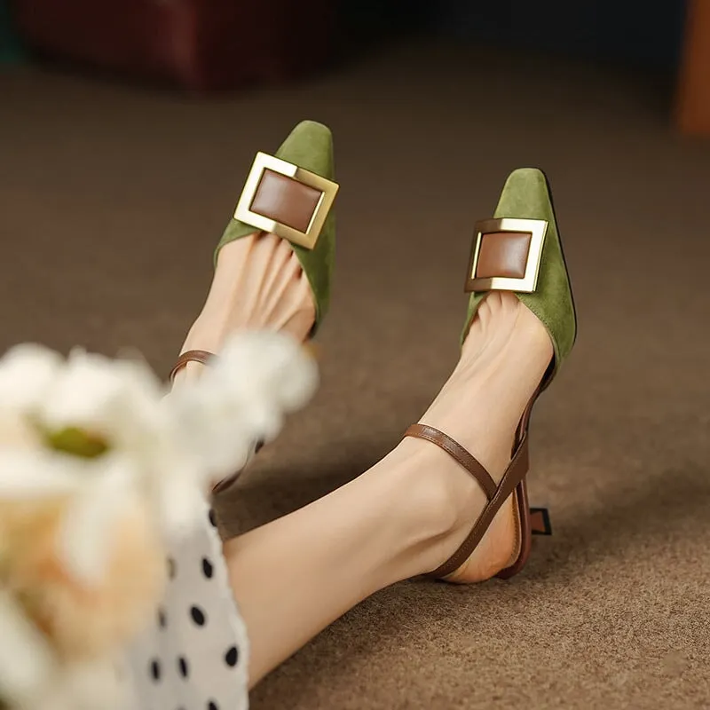 Leather 40mm Kitty Heel Ankle Strap Slingback Sandals Square Toe in Green/Black