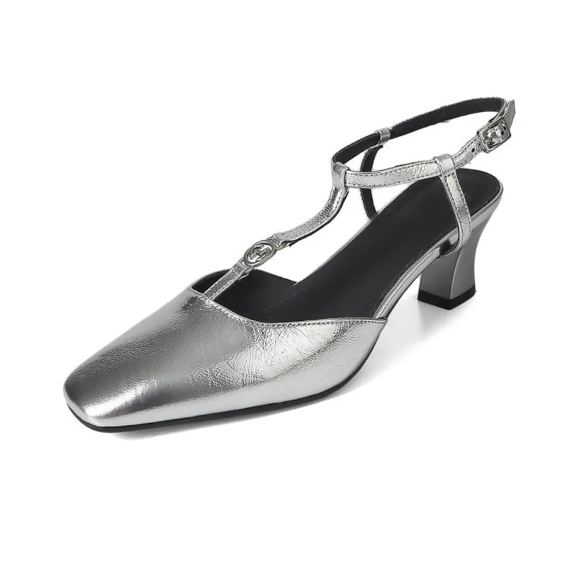 Leather T-strap Block Heel Mary Jane Shoes For Summer Slingback in Silver/Black/Blue