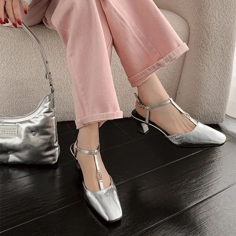 Leather T-strap Block Heel Mary Jane Shoes For Summer Slingback in Silver/Black/Blue