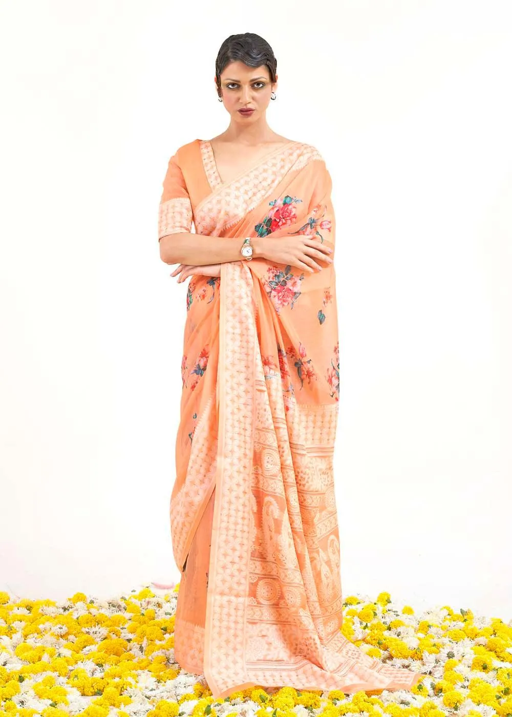 Light Coral Orange Chikankari Silk Saree with Floral Digital Print | Stitched Blouse