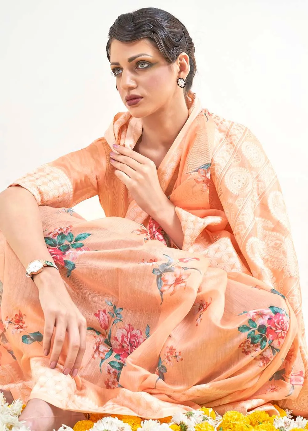 Light Coral Orange Chikankari Silk Saree with Floral Digital Print | Stitched Blouse