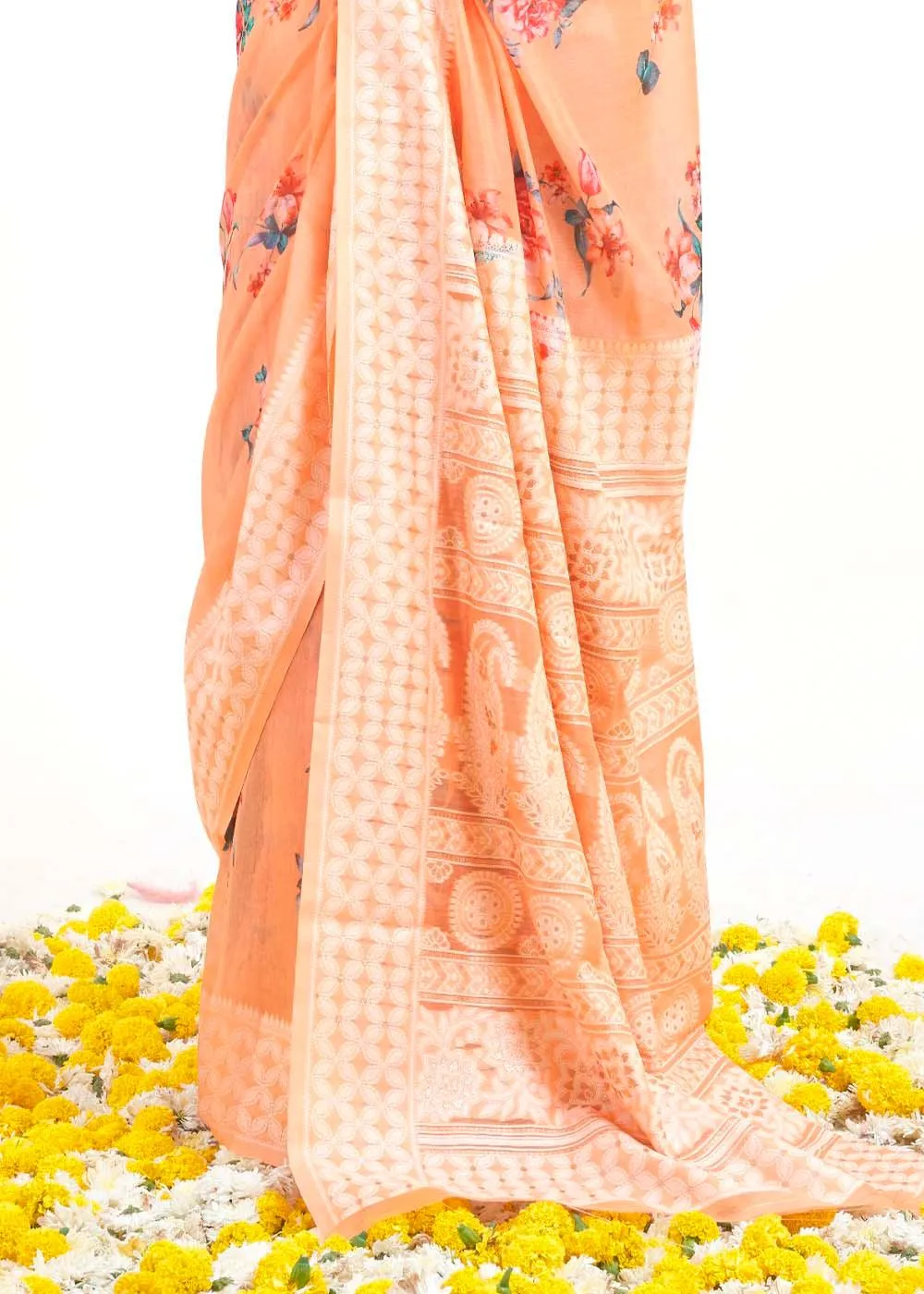 Light Coral Orange Chikankari Silk Saree with Floral Digital Print | Stitched Blouse