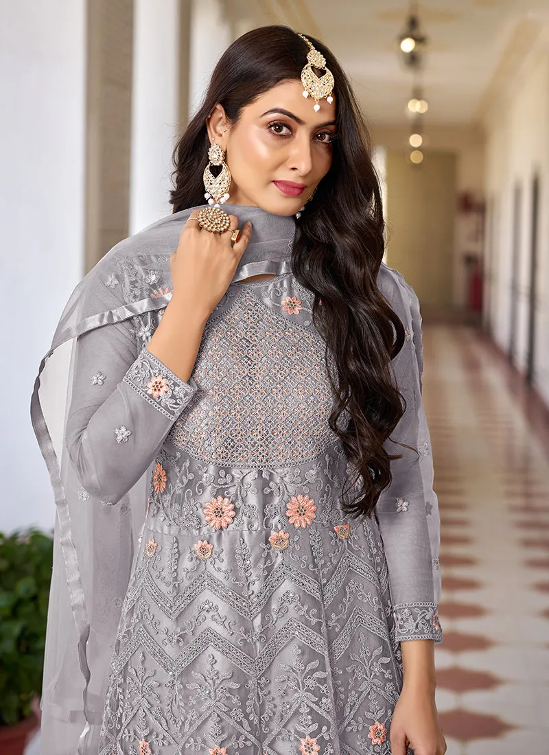 Light Grey Traditional Net Anarkali Suit