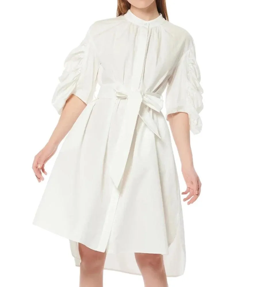 Long Button Down Belted Dress With Ruched Puff Sleeve