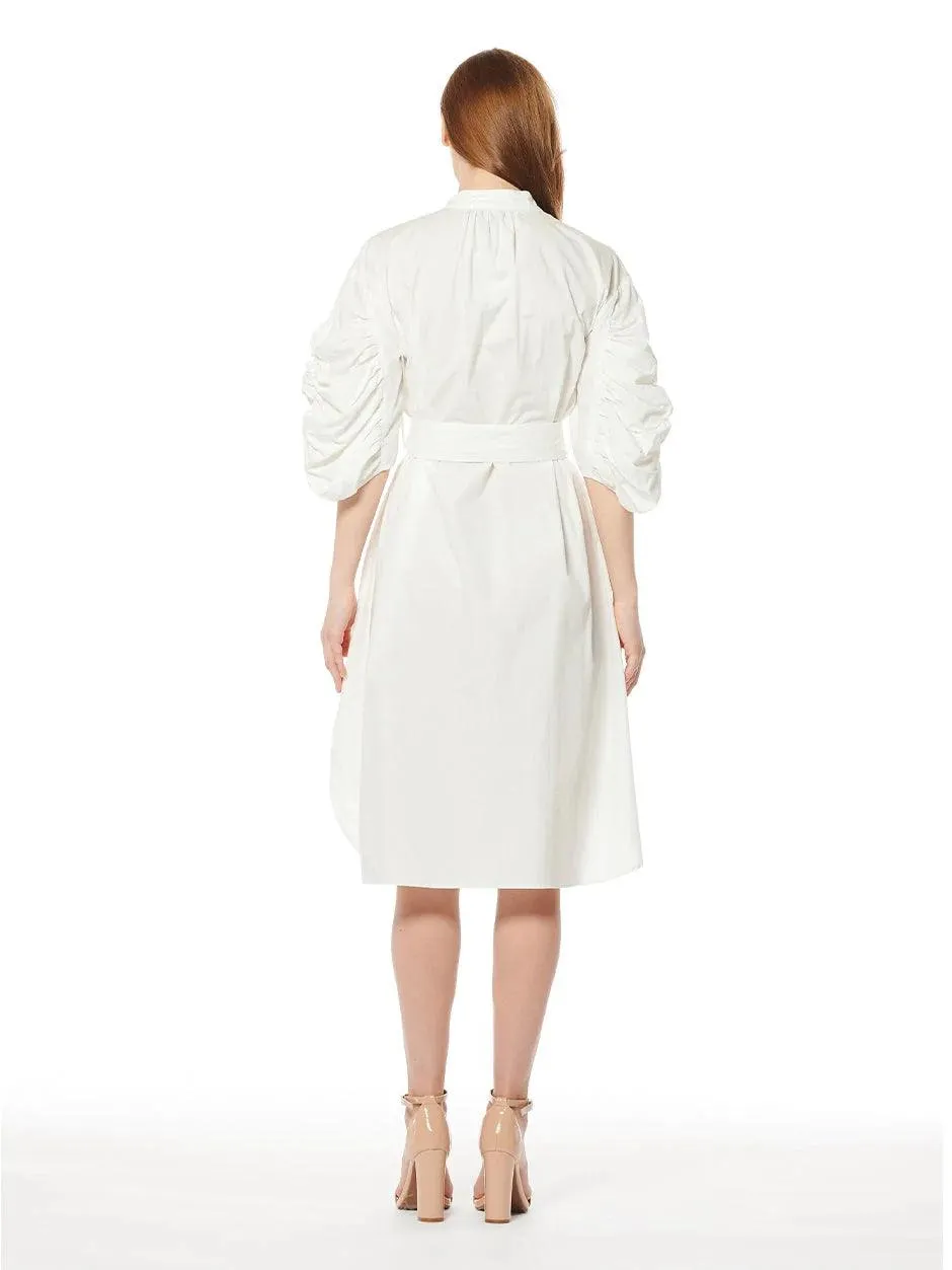 Long Button Down Belted Dress With Ruched Puff Sleeve