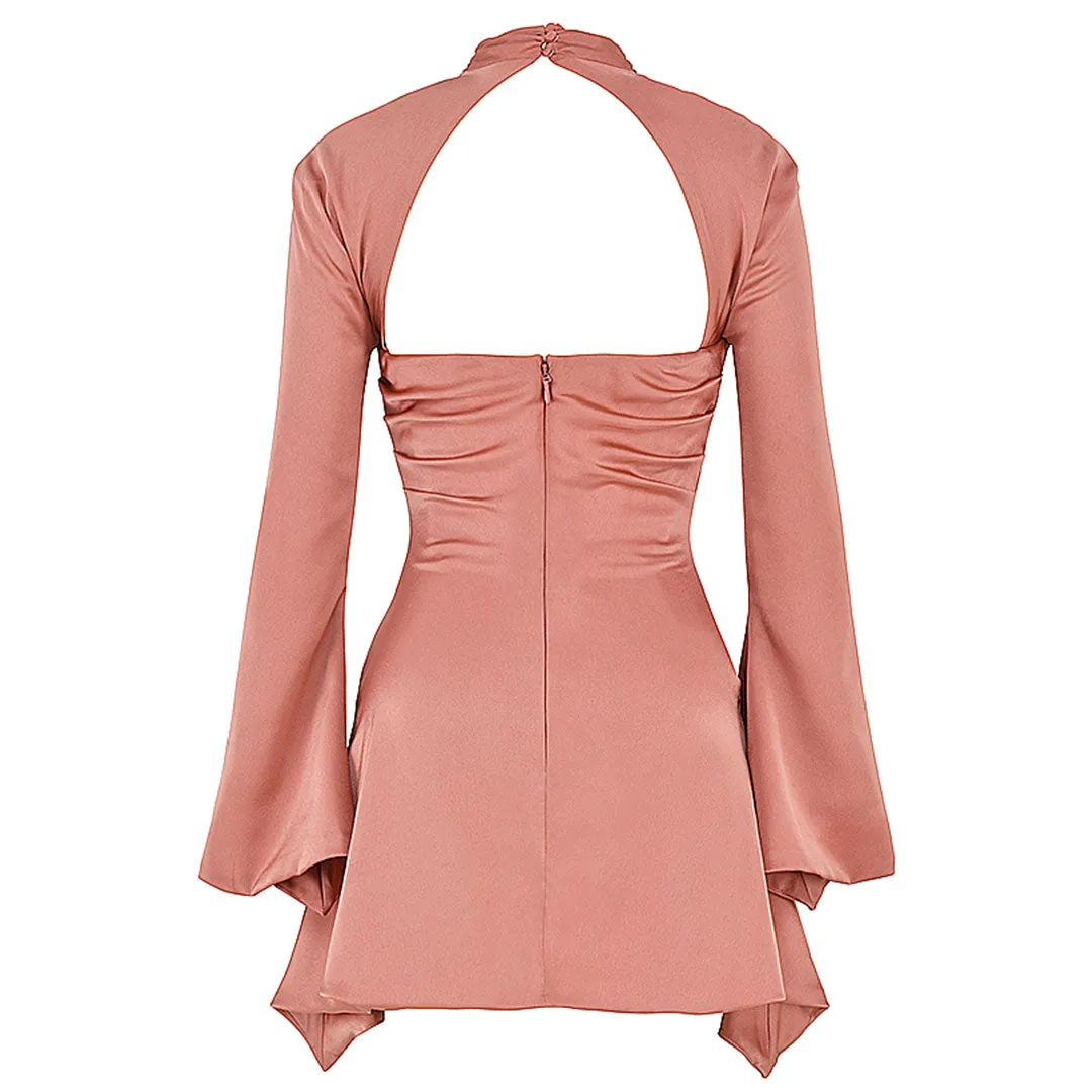 Long Sleeve Draped Satin Mini Dress - Pink