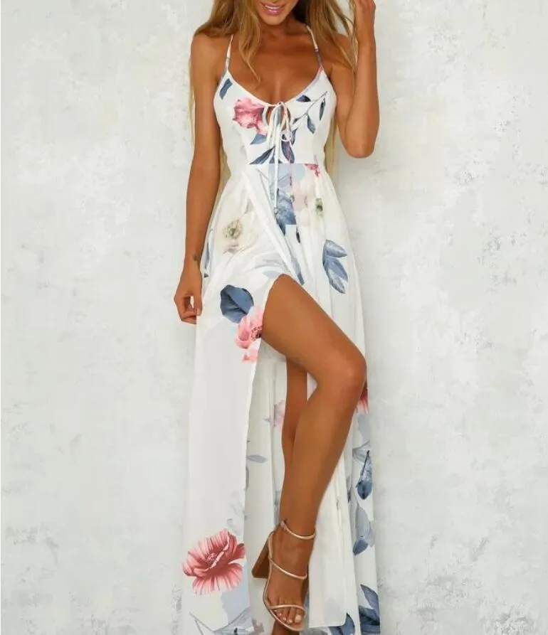 Long Slit Dress, Floral Print Dress, Women's Clothing