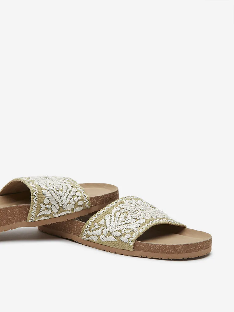 LUNA BLU Green Floral Embellished Artisanal Slides