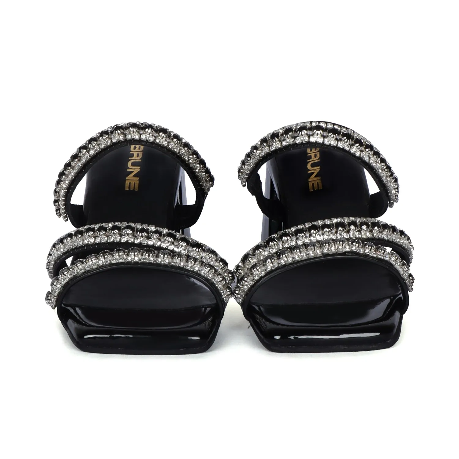 Luxurious Patent Black Rhinestone Beads Embellishment Blocked Heel Ladies Sandal By Brune & Bareskin