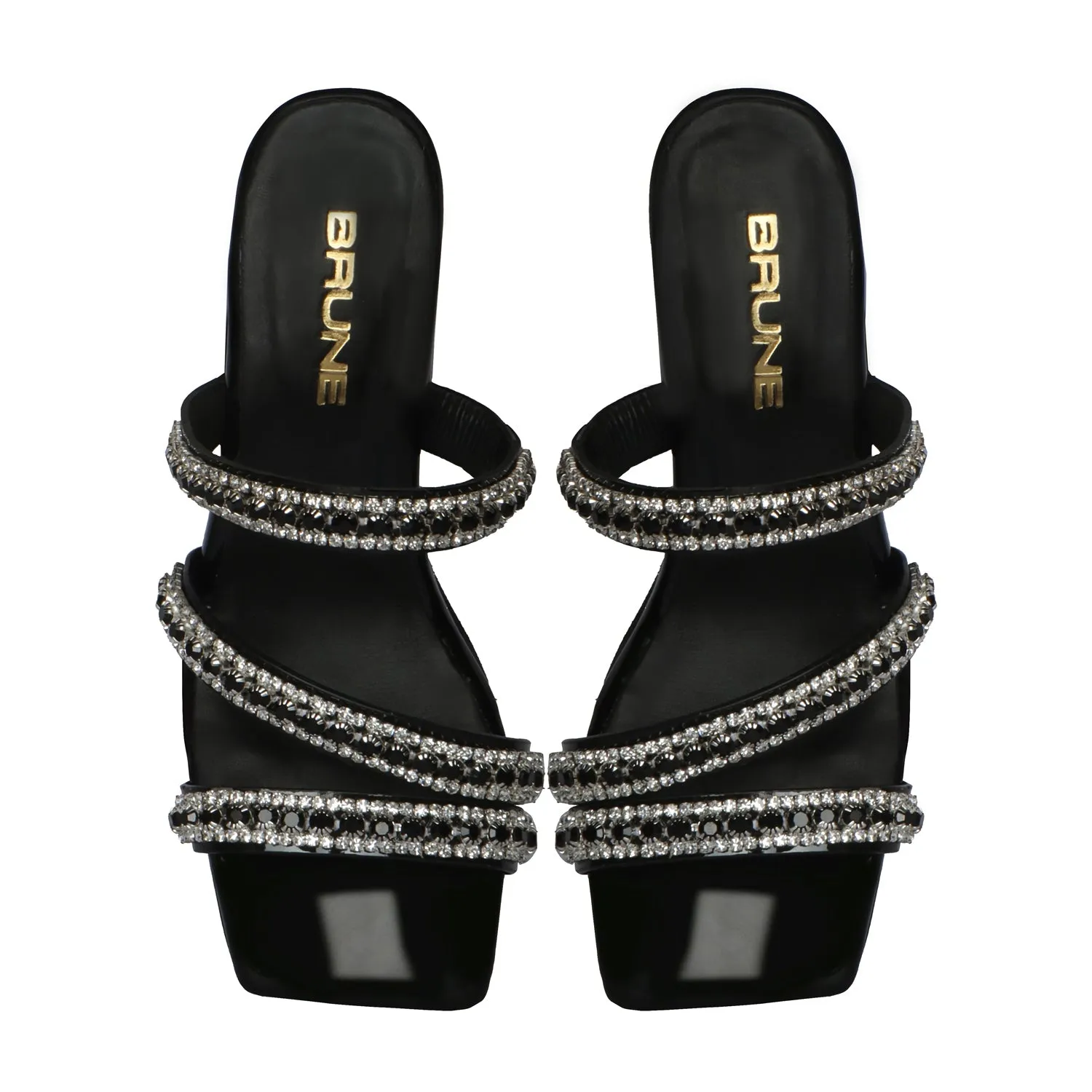 Luxurious Patent Black Rhinestone Beads Embellishment Blocked Heel Ladies Sandal By Brune & Bareskin