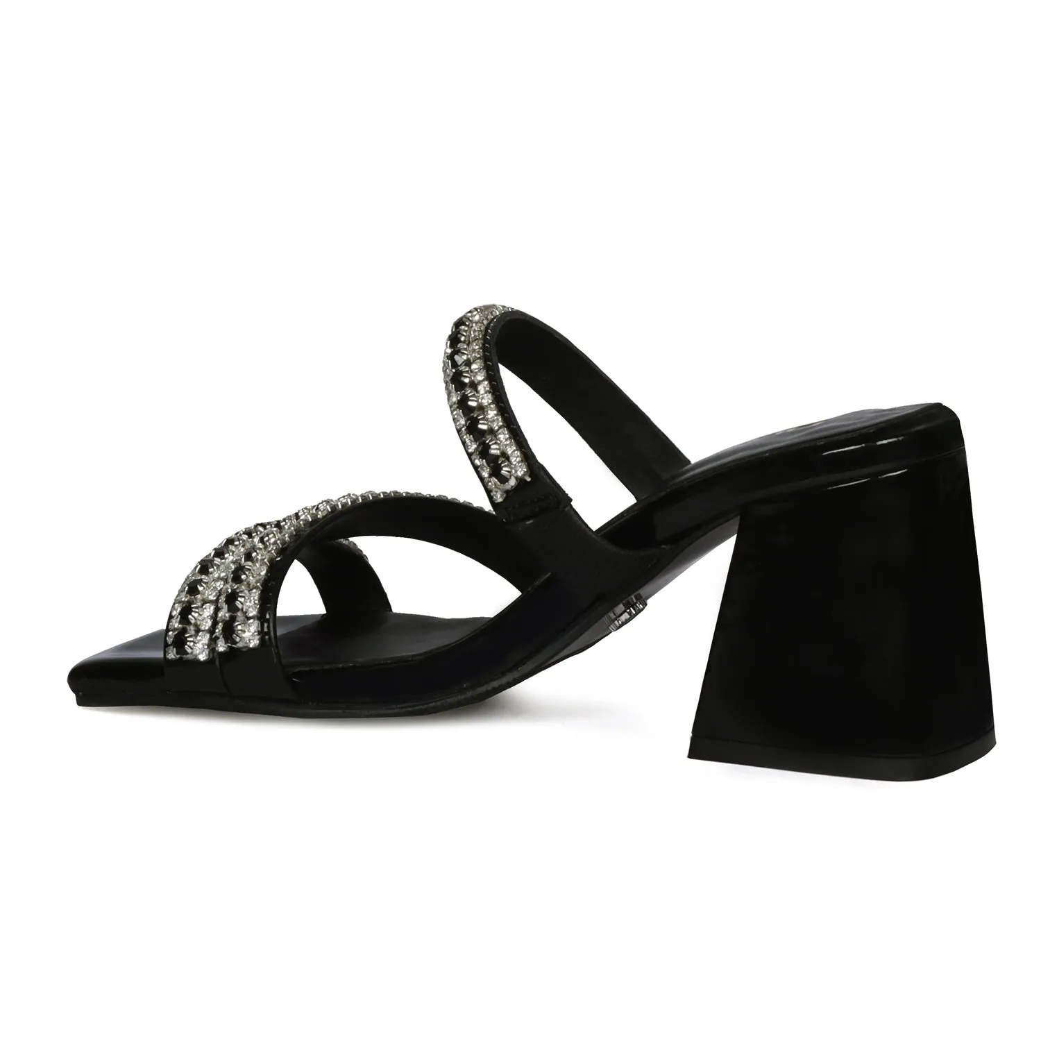 Luxurious Patent Black Rhinestone Beads Embellishment Blocked Heel Ladies Sandal By Brune & Bareskin