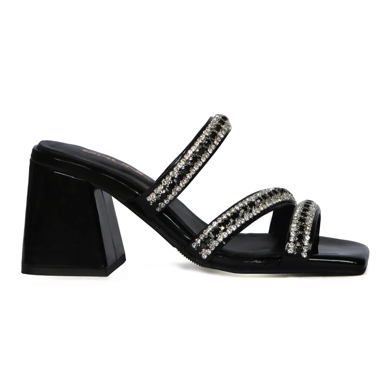 Luxurious Patent Black Rhinestone Beads Embellishment Blocked Heel Ladies Sandal By Brune & Bareskin