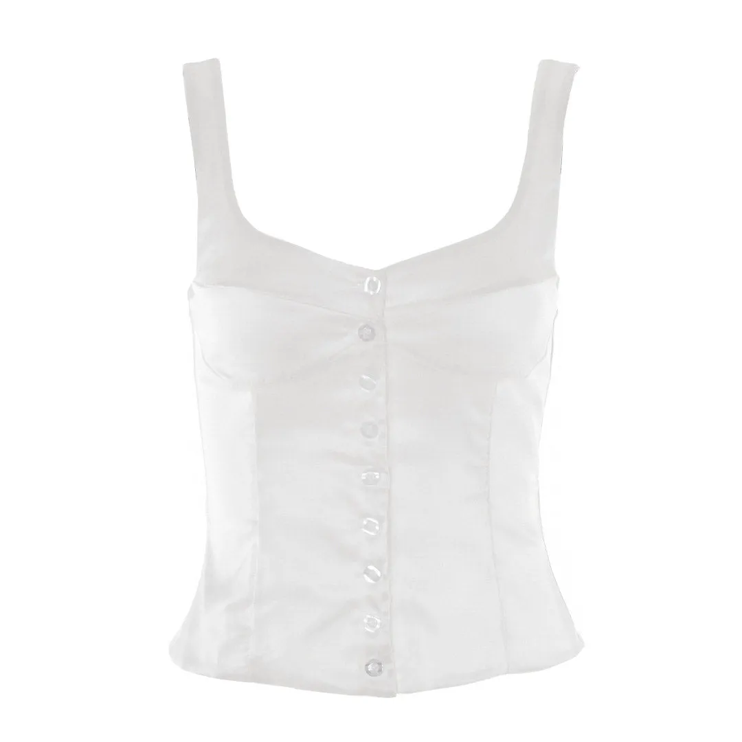 Luxury Satin Square Neck Button Up Sleeveless Tank Top - White