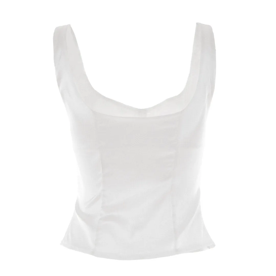 Luxury Satin Square Neck Button Up Sleeveless Tank Top - White