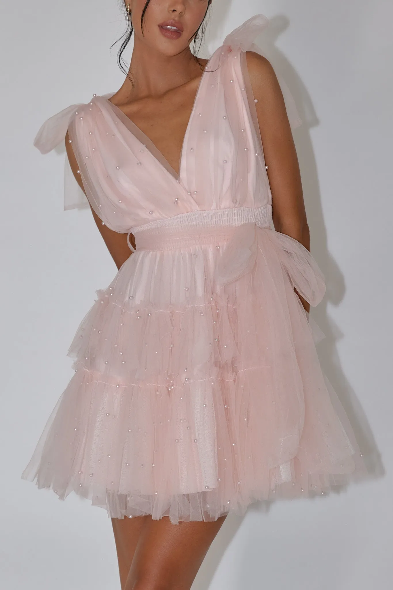 Lyra Pearl Embellished Tulle Mini Dress Pink