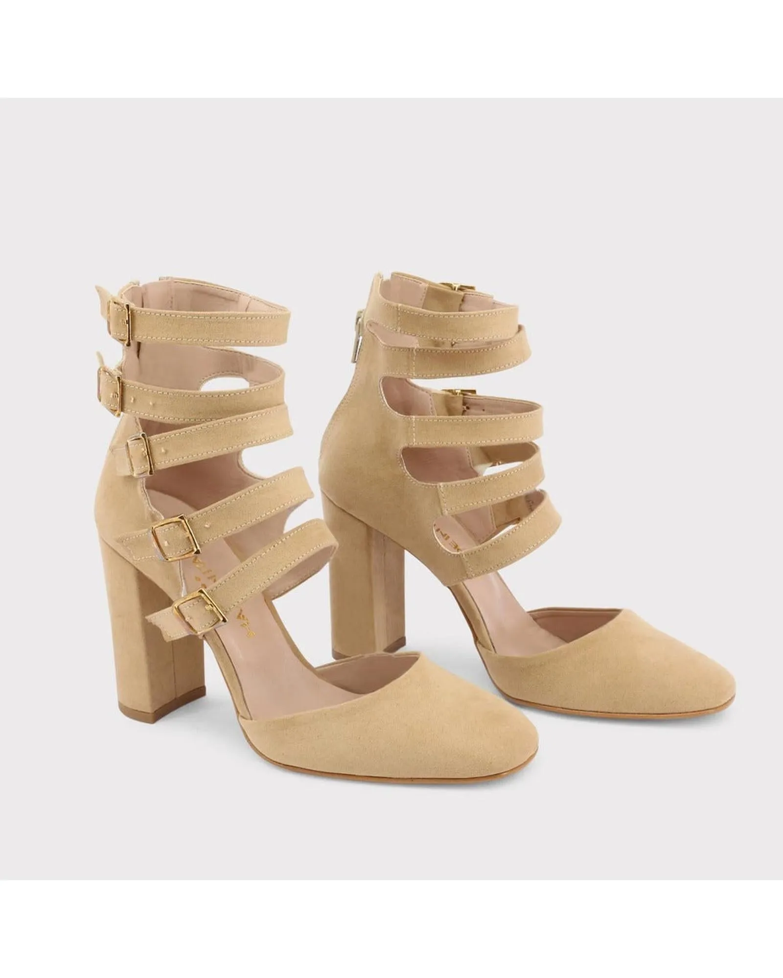 Made in Italia Women's Beige Ankle Strap Block Heel Suede Pumps