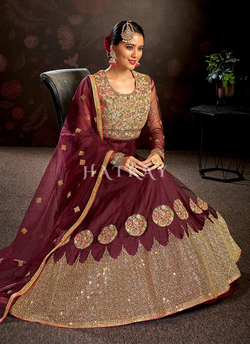 Maroon Multi Embroidered Wedding Anarkali Suit