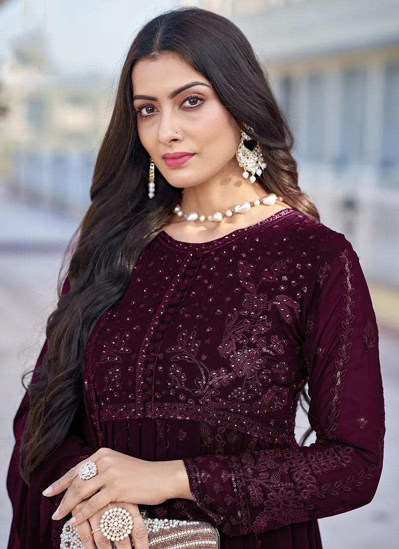 Maroon Thread Embroidery Traditional Anarkali Suit