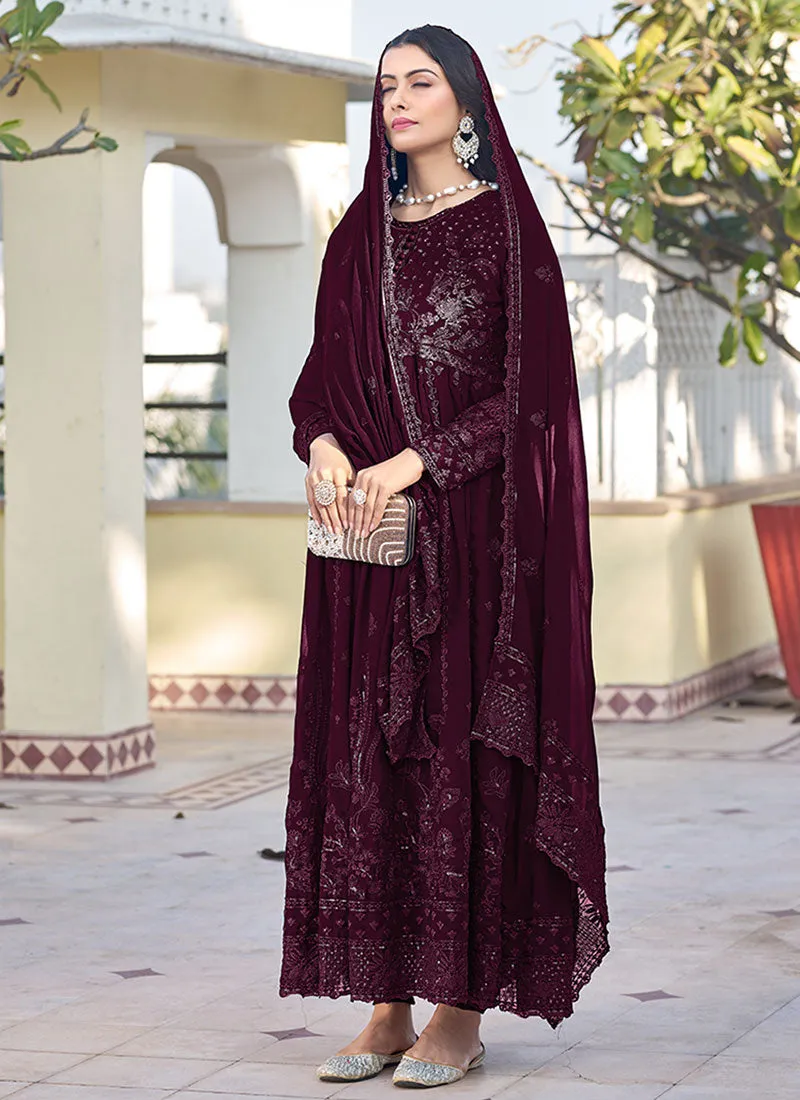 Maroon Thread Embroidery Traditional Anarkali Suit