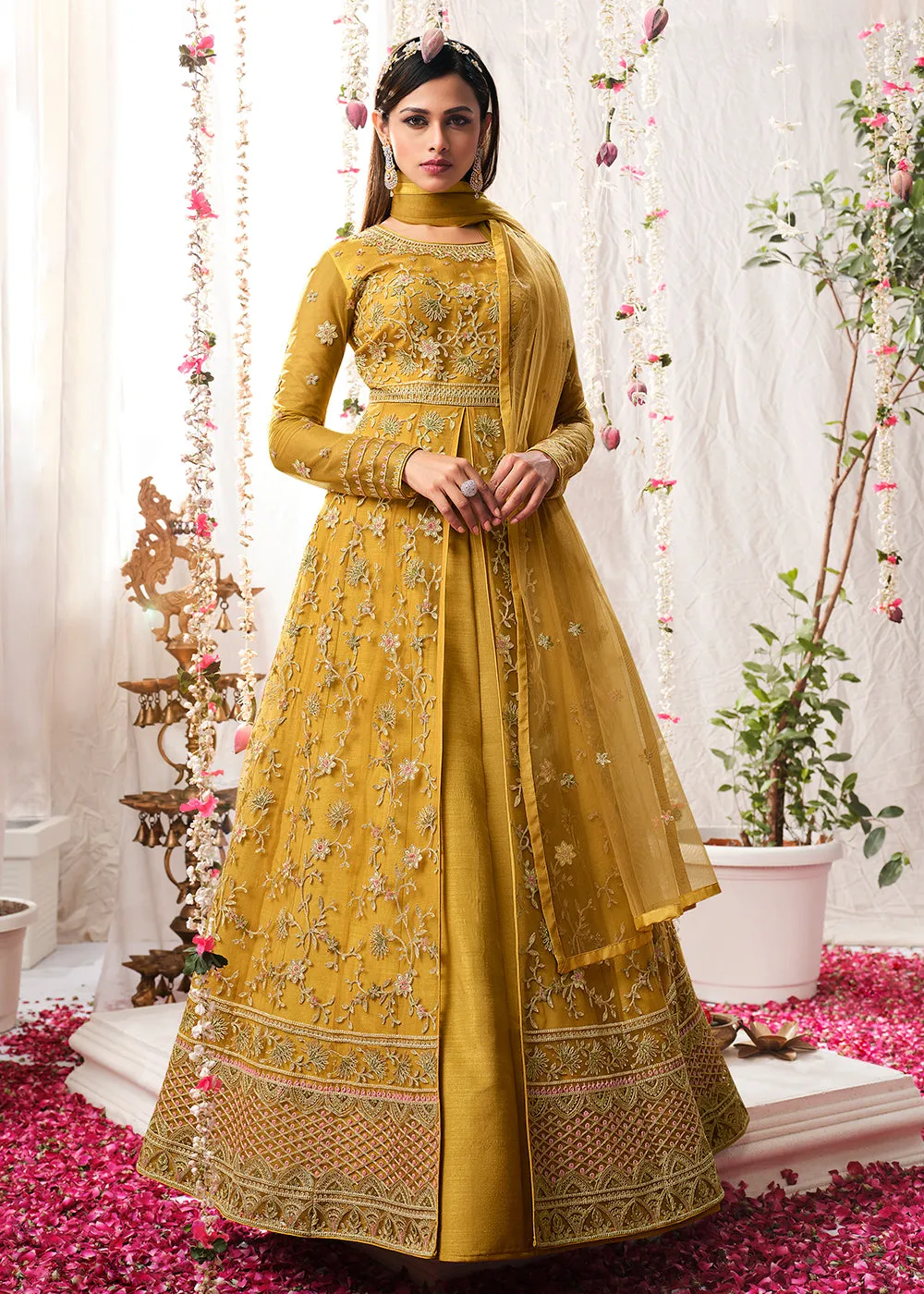 Medallion Yellow Wedding Festive Floor Length Anarkali Suit