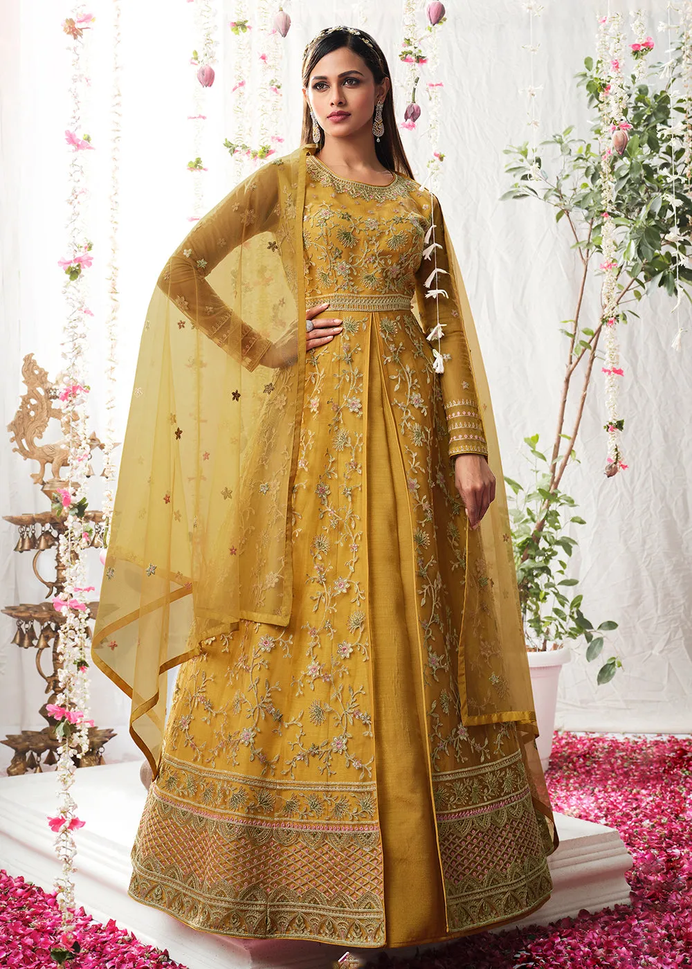 Medallion Yellow Wedding Festive Floor Length Anarkali Suit