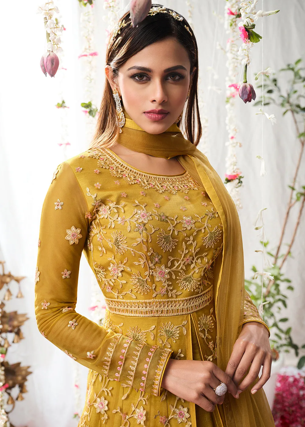 Medallion Yellow Wedding Festive Floor Length Anarkali Suit