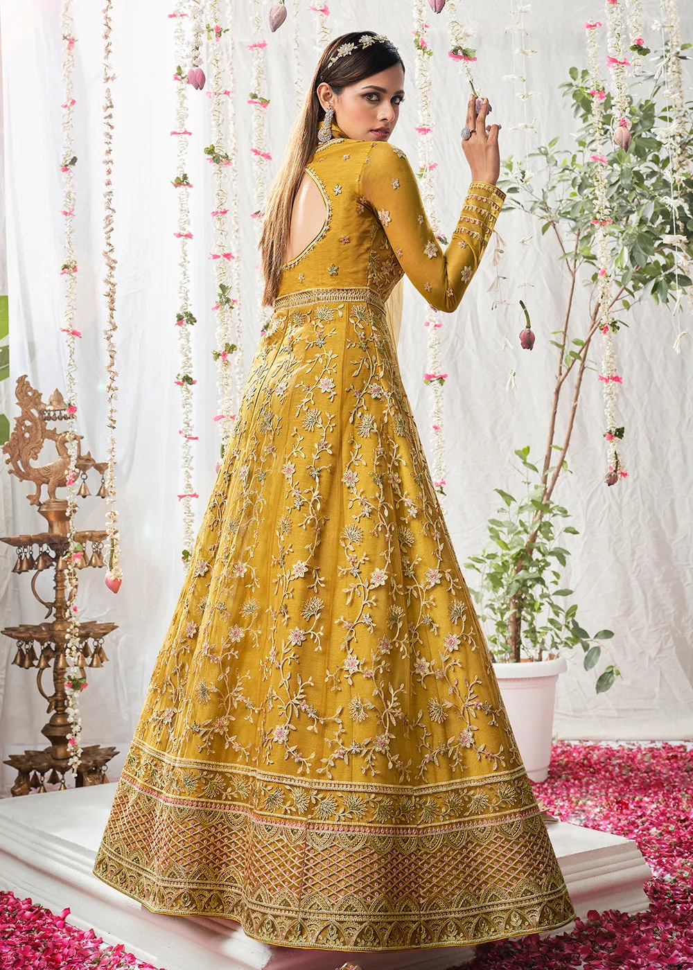 Medallion Yellow Wedding Festive Floor Length Anarkali Suit