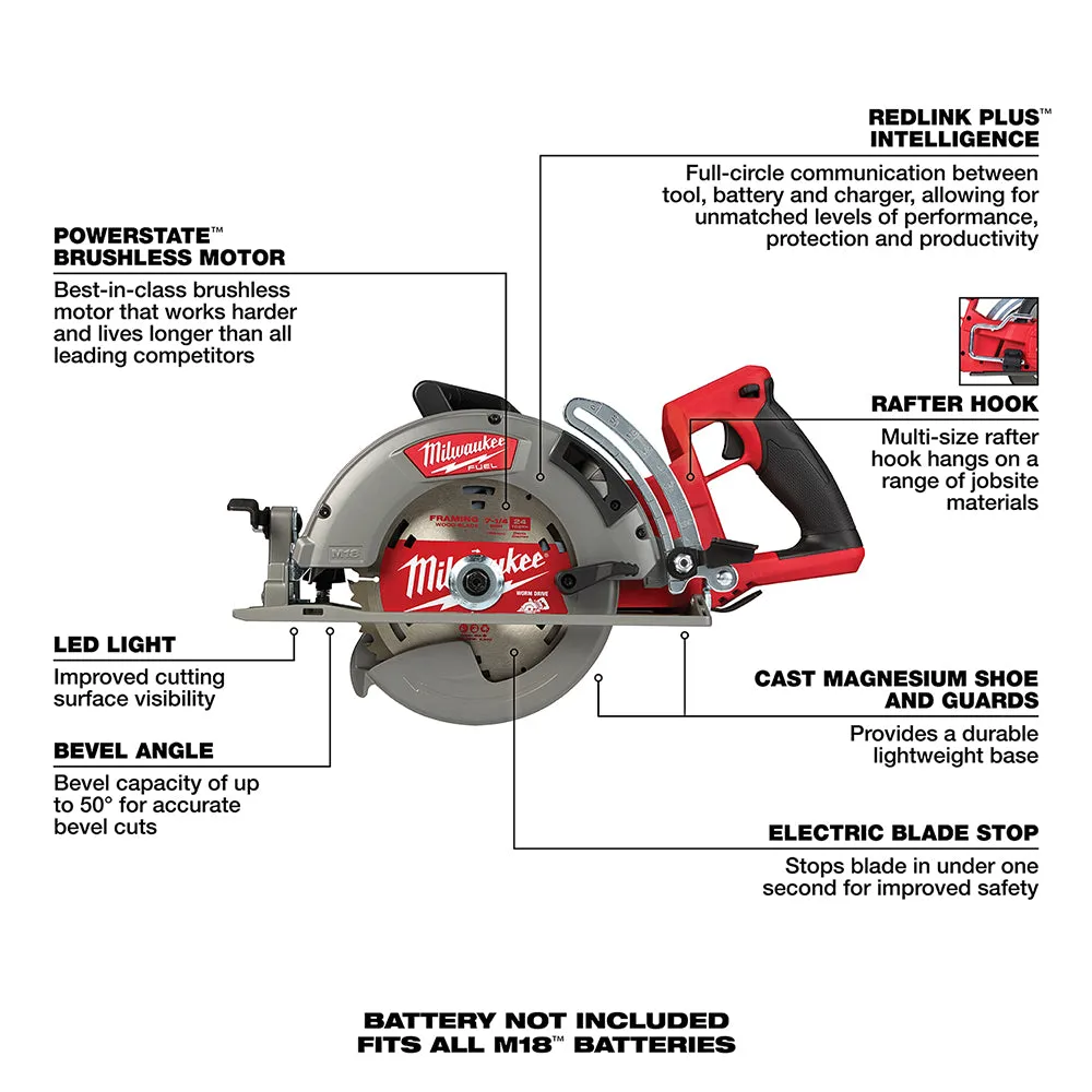 Milwaukee 2830-20 M18 FUEL 18V 7-1/4 Inch Rear Handle Circular Saw - Bare Tool