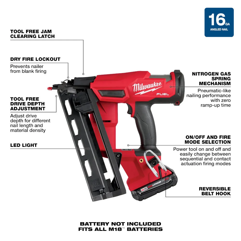 Milwaukee 2841-21CT M18 FUEL 18V 16 Guage Cordless Angled Finish Nailer Kit