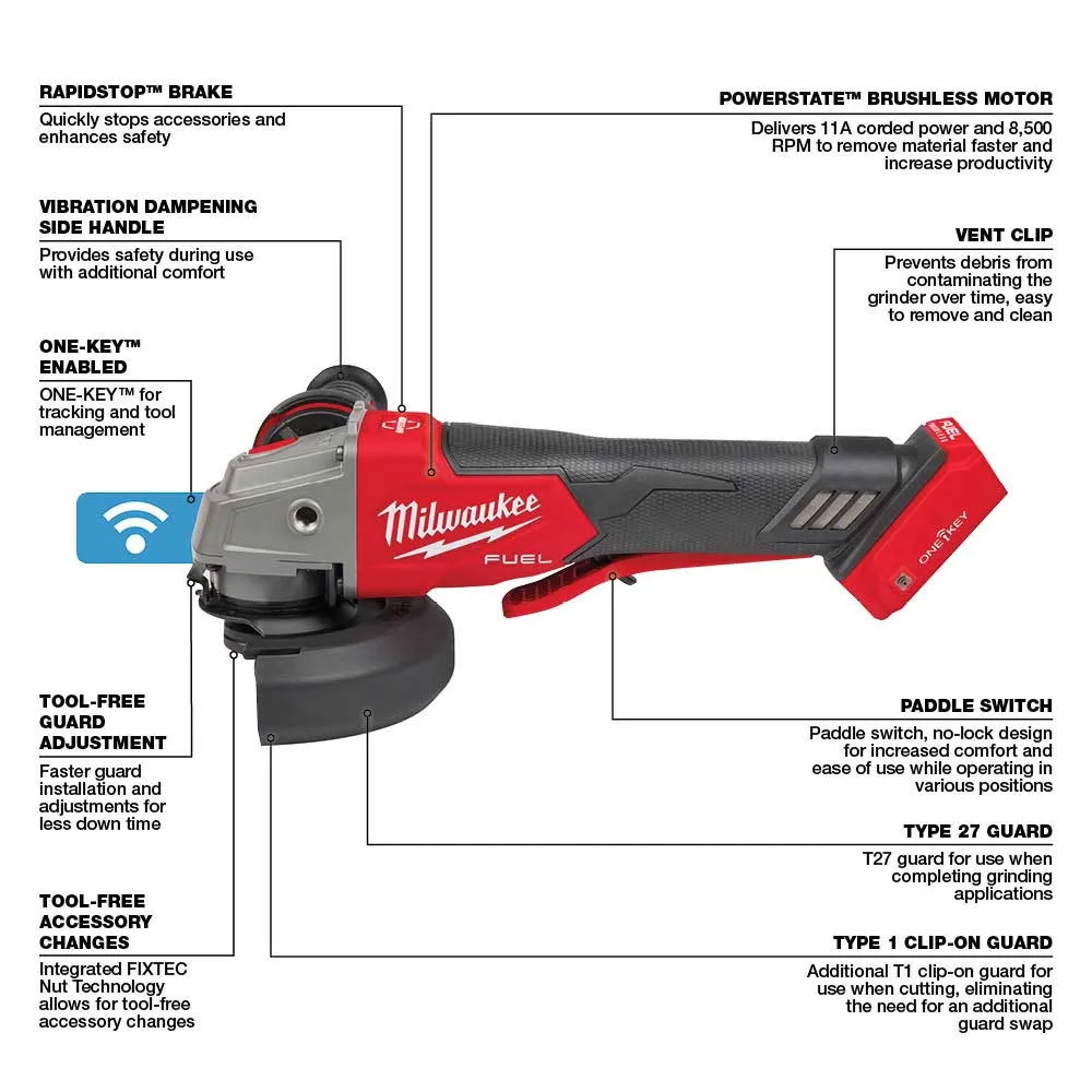 Milwaukee 2882-20 M18 FUEL 4-1/2" / 5" Paddle Switch Braking Grinder - Bare Tool