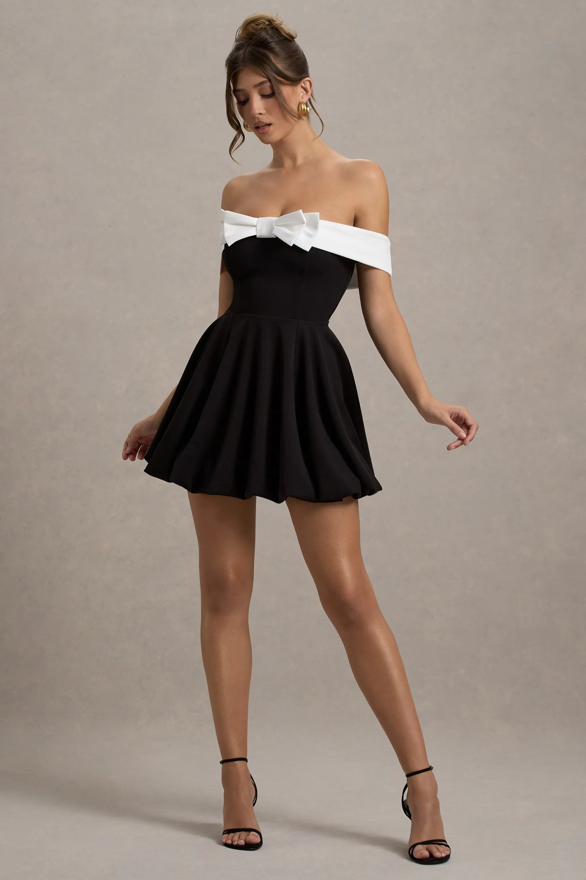 Minimoiselle | Black & White Bow Bardot Mini Dress With Puff-Ball Skirt