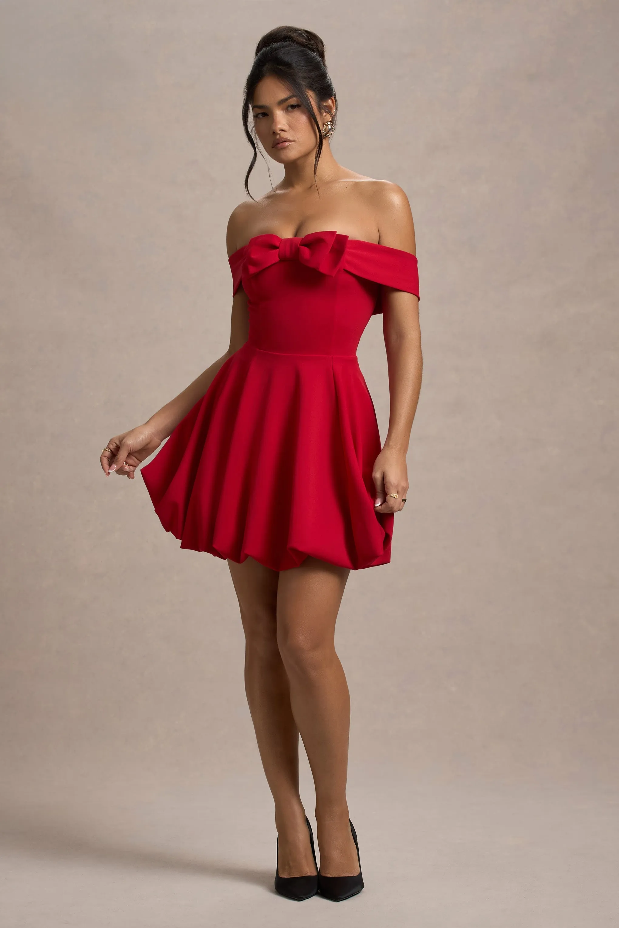 Minimoiselle | Red Bow Bardot Mini Dress With Puff-Ball Skirt