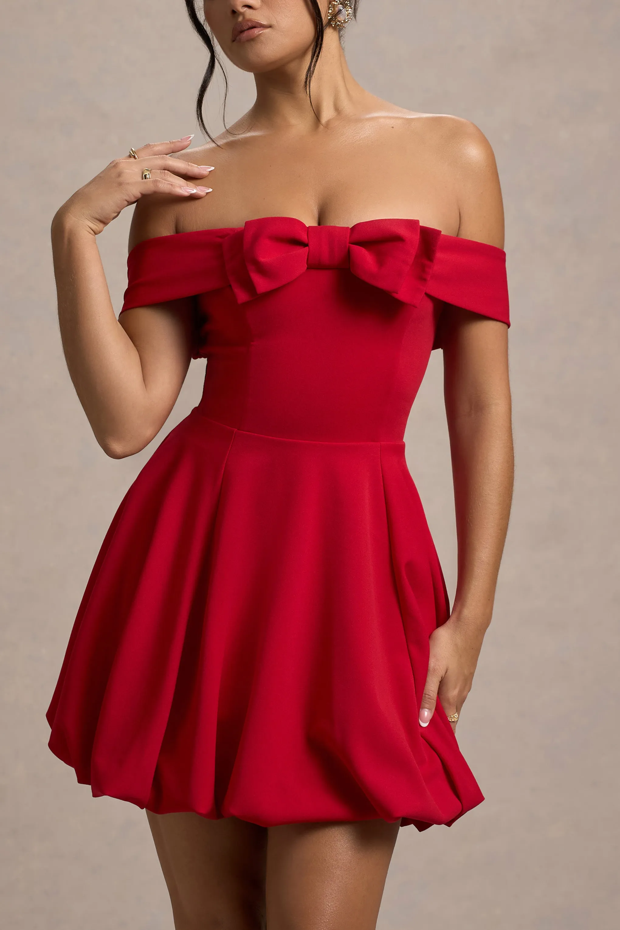 Minimoiselle | Red Bow Bardot Mini Dress With Puff-Ball Skirt