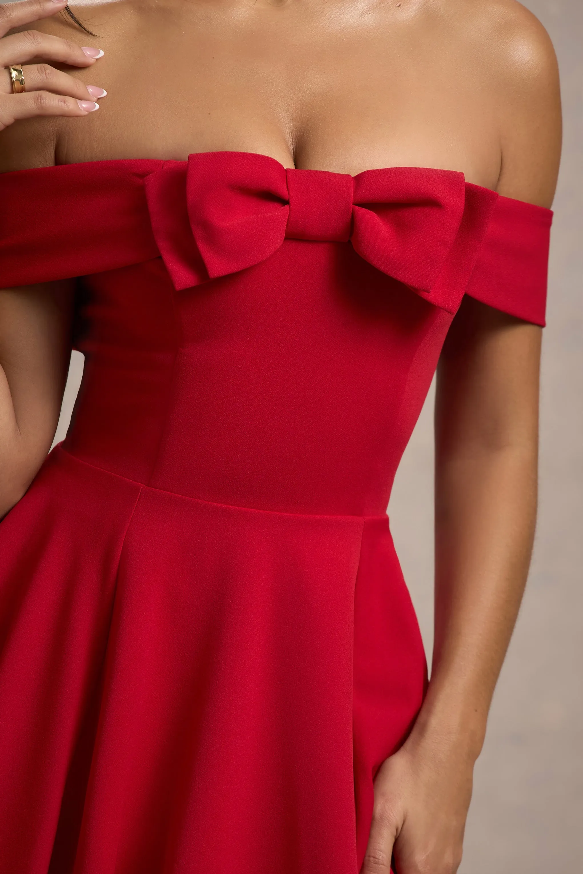 Minimoiselle | Red Bow Bardot Mini Dress With Puff-Ball Skirt