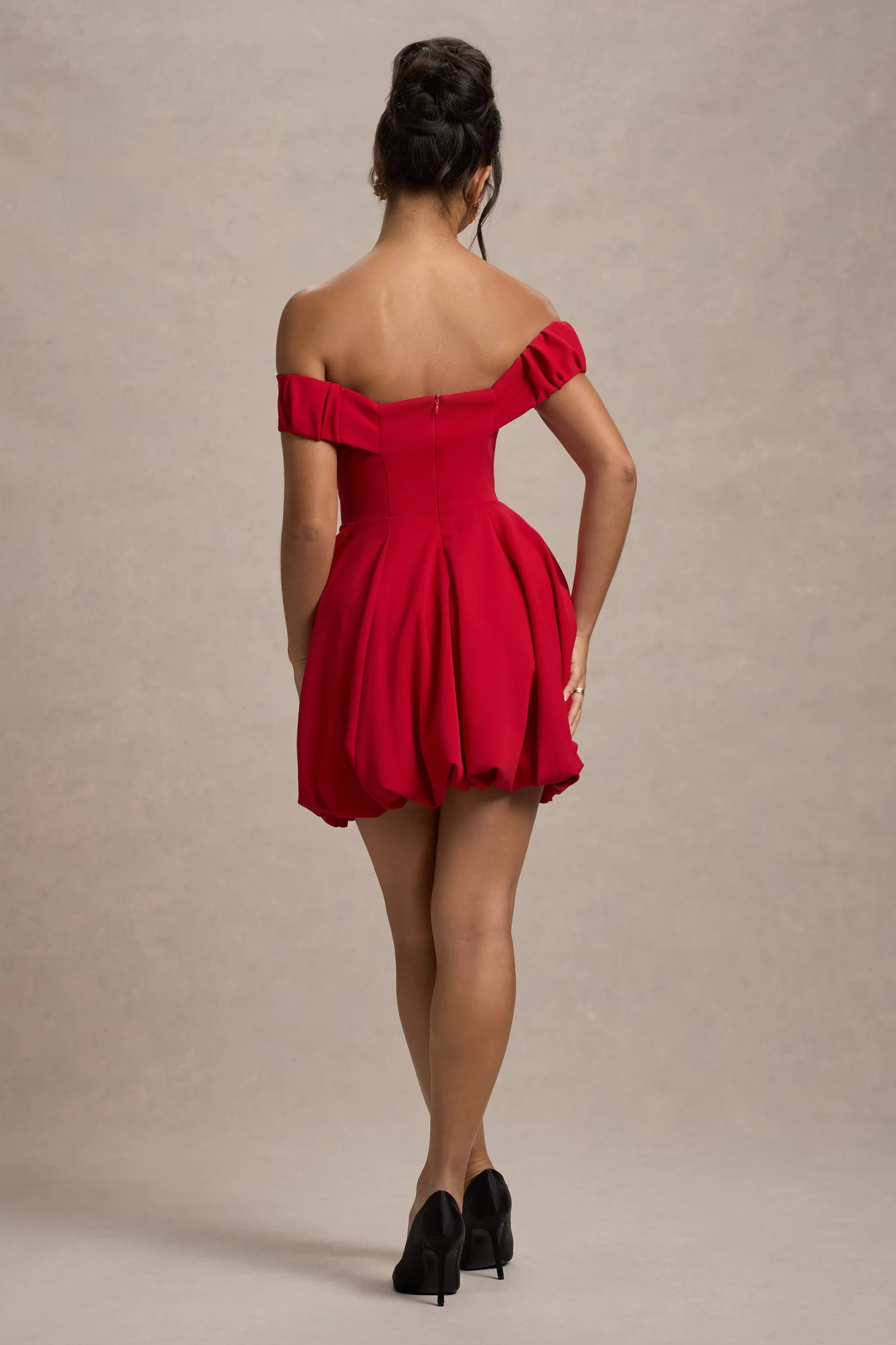 Minimoiselle | Red Bow Bardot Mini Dress With Puff-Ball Skirt