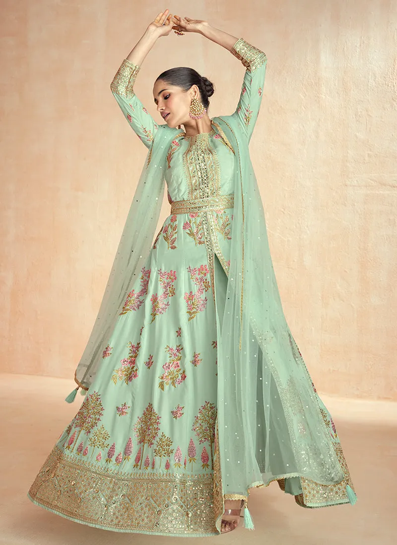 Mint Green Multi Embroidery Slit Style Anarkali Pant Suit