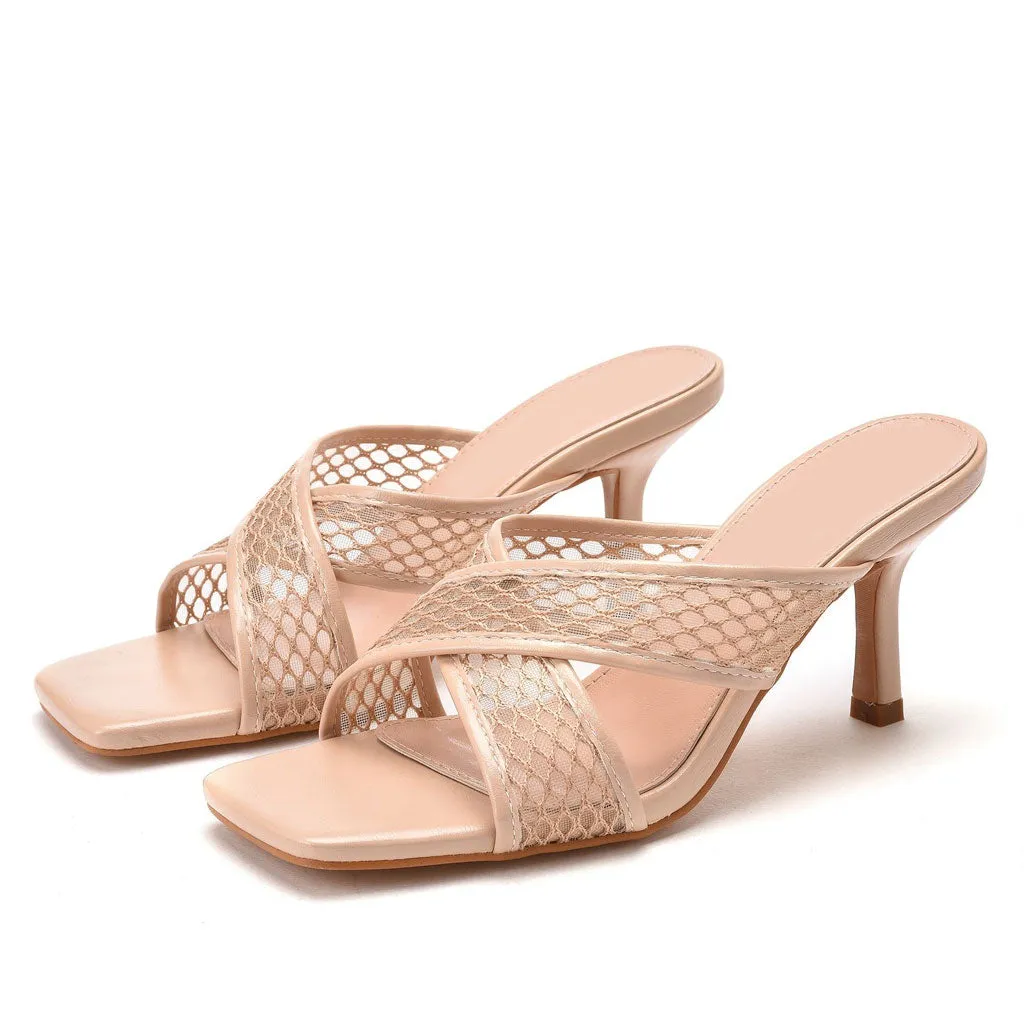 Modern Solid Crisscross Mesh Net Stiletto Mules - Apricot