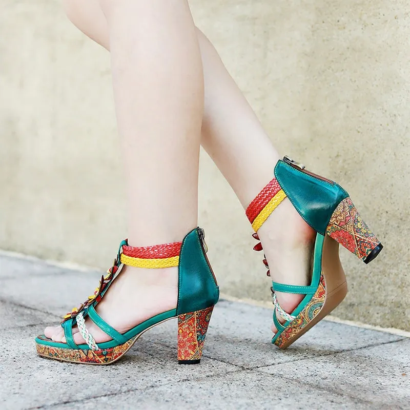 Muti Strap Leather Printing Open Toe 78mm Block Heel Sandals in Green