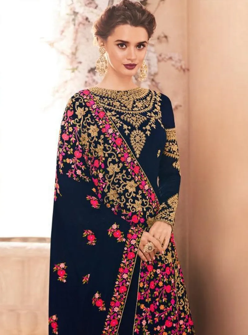 Navy Blue Golden Multi Embroidered Flared Anarkali Suit