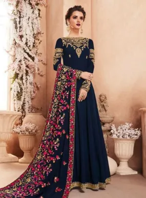 Navy Blue Golden Multi Embroidered Flared Anarkali Suit